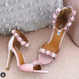 Blush pink velvet pom-pom heels